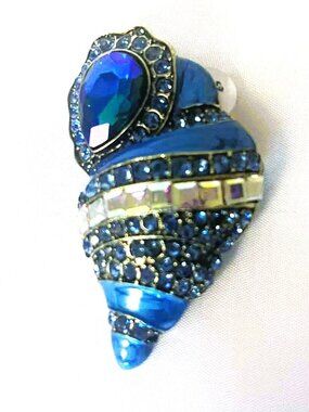 Blue Seashell Brooch NEW 6cm Rhinestone Enamel Gold Statement Jewelry